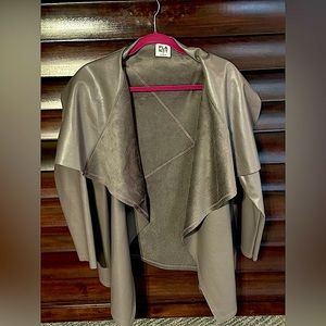 Planet by Lauren G drape vegan leather jacket, size 1.  Greyish taupe color.